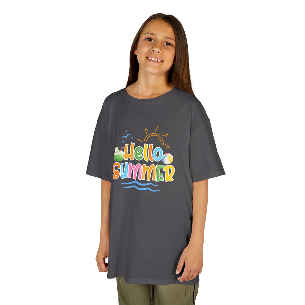 Hello Summer Kids T-Shirt | Colorful Beach Vibes Graphic Tee | Cute Summer Shirt for Boys & Girls | Beach Vacation Tee | Kids Summer Outfit