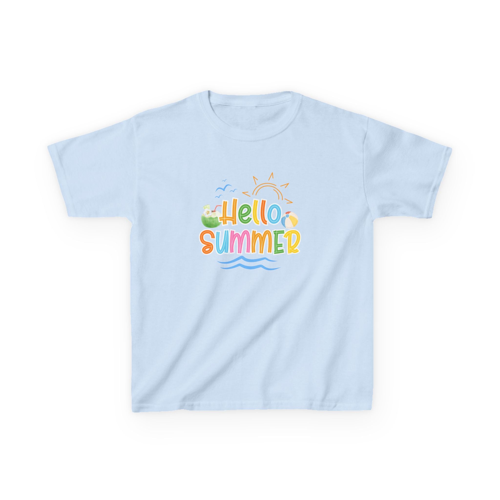 Hello Summer Kids T-Shirt | Colorful Beach Vibes Graphic Tee | Cute Summer Shirt for Boys & Girls | Beach Vacation Tee | Kids Summer Outfit