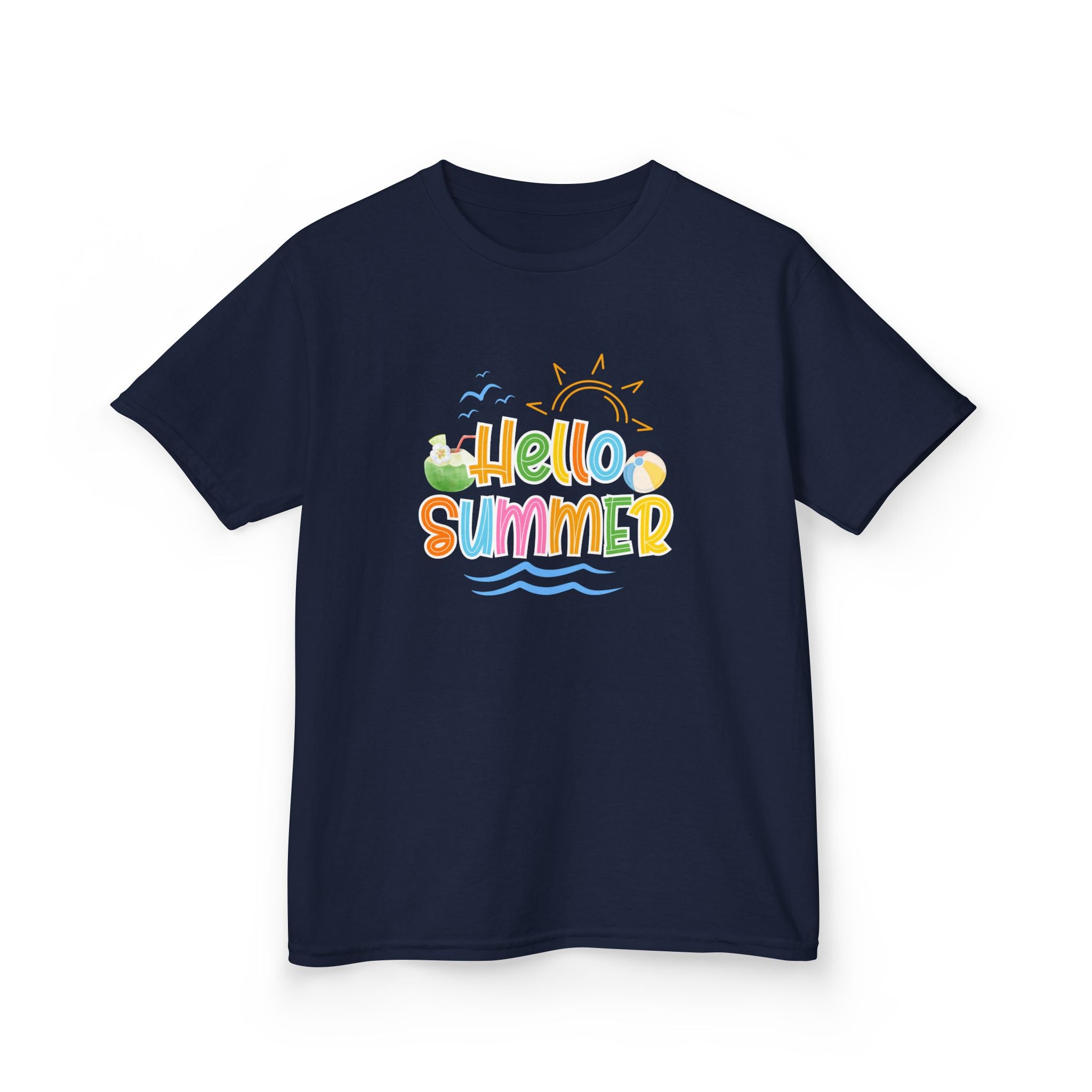 Hello Summer Kids T-Shirt | Colorful Beach Vibes Graphic Tee | Cute Summer Shirt for Boys & Girls | Beach Vacation Tee | Kids Summer Outfit