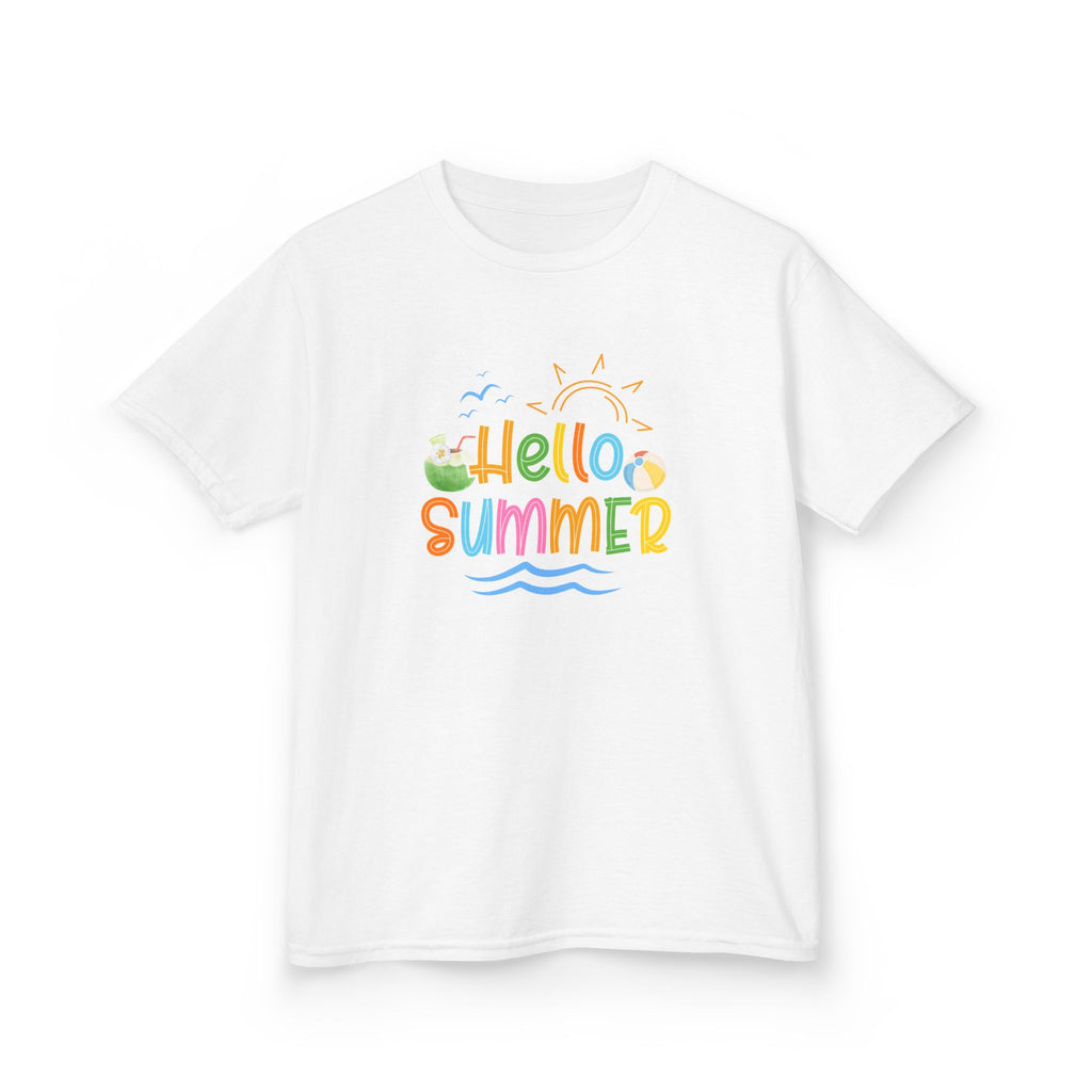 Hello Summer Kids T-Shirt | Colorful Beach Vibes Graphic Tee | Cute Summer Shirt for Boys & Girls | Beach Vacation Tee | Kids Summer Outfit