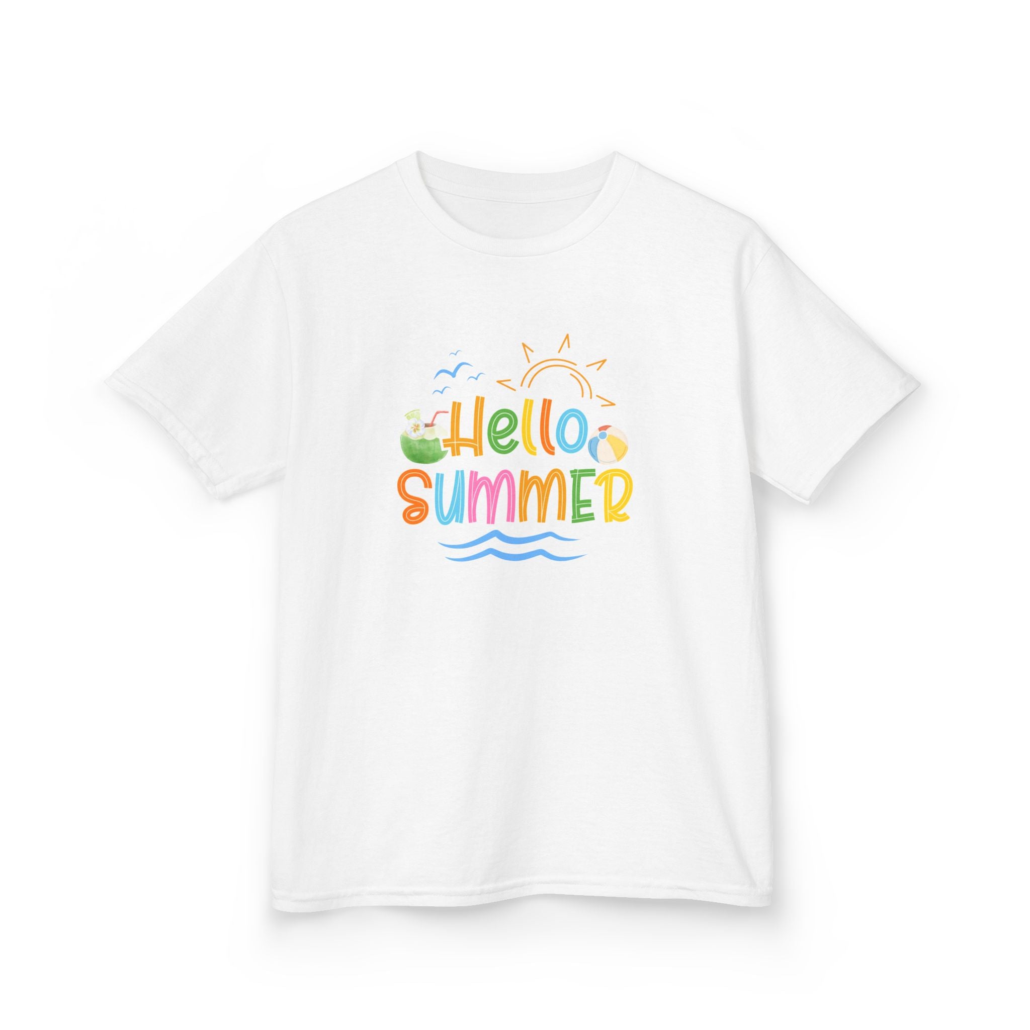Hello Summer Kids T-Shirt | Colorful Beach Vibes Graphic Tee | Cute Summer Shirt for Boys & Girls | Beach Vacation Tee | Kids Summer Outfit