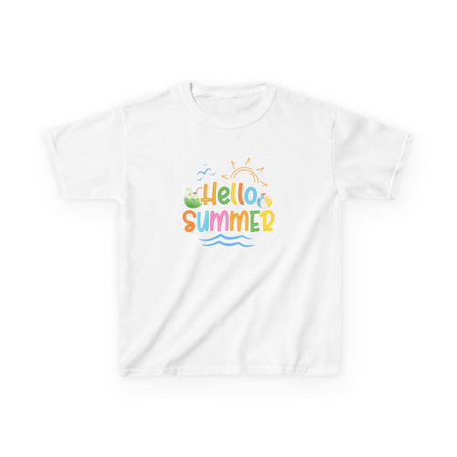 Hello Summer Kids T-Shirt | Colorful Beach Vibes Graphic Tee | Cute Summer Shirt for Boys & Girls | Beach Vacation Tee | Kids Summer Outfit