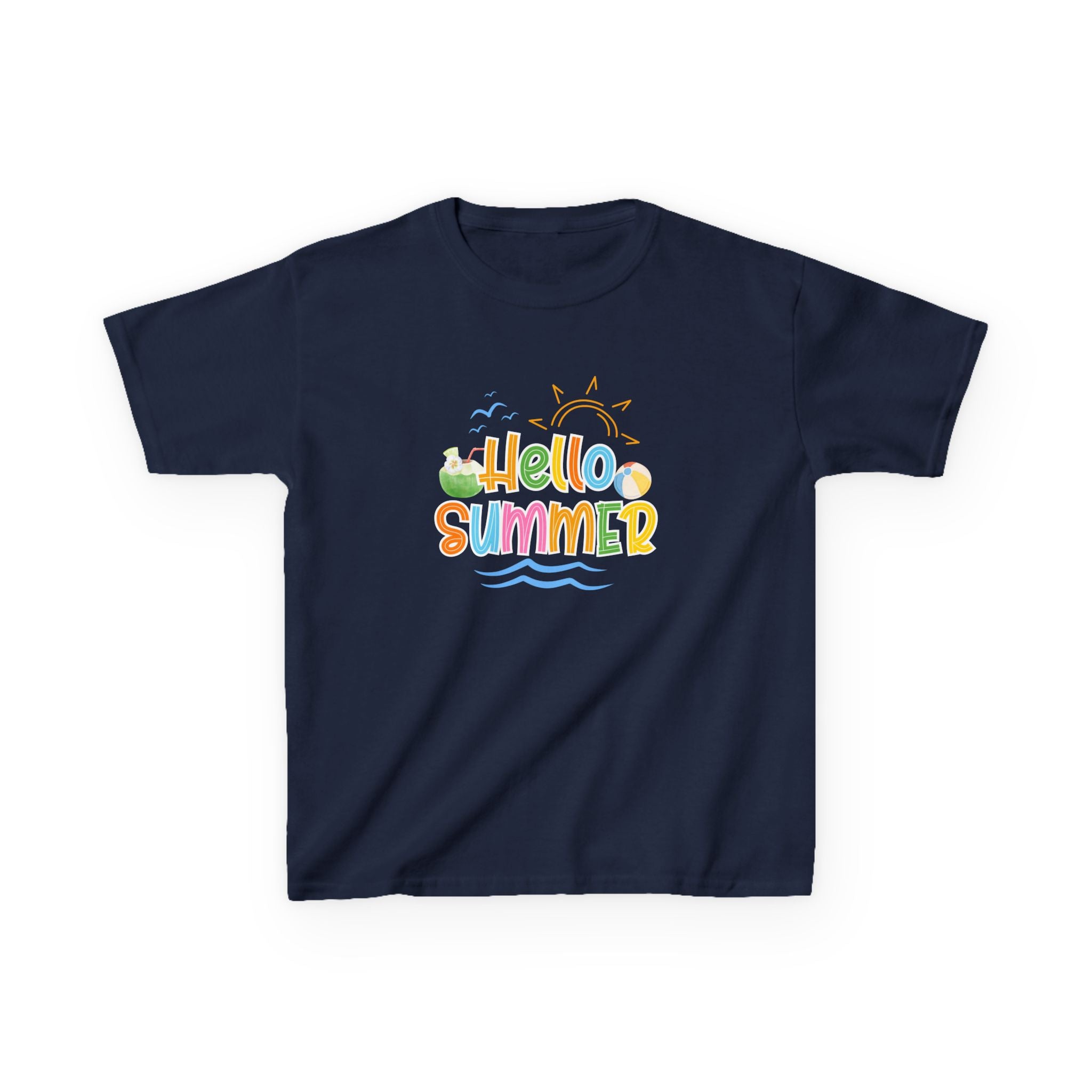 Hello Summer Kids T-Shirt | Colorful Beach Vibes Graphic Tee | Cute Summer Shirt for Boys & Girls | Beach Vacation Tee | Kids Summer Outfit