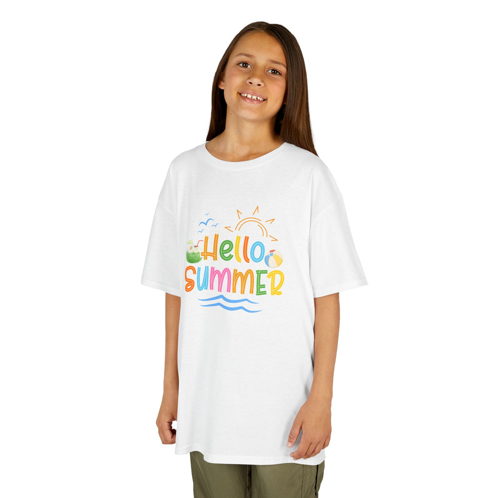 Hello Summer Kids T-Shirt | Colorful Beach Vibes Graphic Tee | Cute Summer Shirt for Boys & Girls | Beach Vacation Tee | Kids Summer Outfit