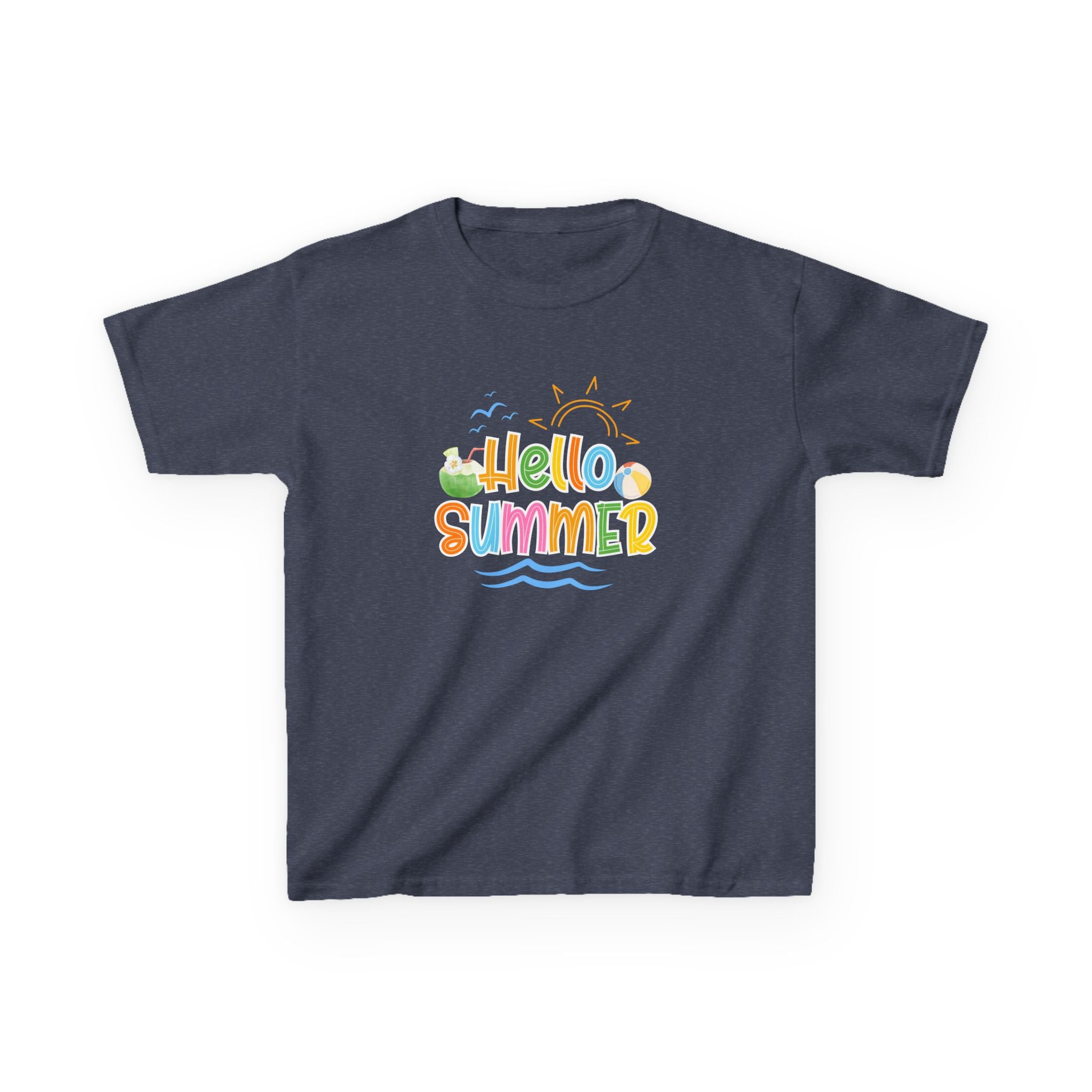 Hello Summer Kids T-Shirt | Colorful Beach Vibes Graphic Tee | Cute Summer Shirt for Boys & Girls | Beach Vacation Tee | Kids Summer Outfit