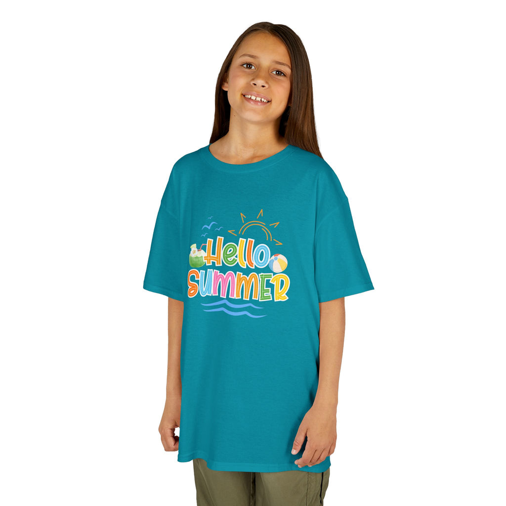 Hello Summer Kids T-Shirt | Colorful Beach Vibes Graphic Tee | Cute Summer Shirt for Boys & Girls | Beach Vacation Tee | Kids Summer Outfit