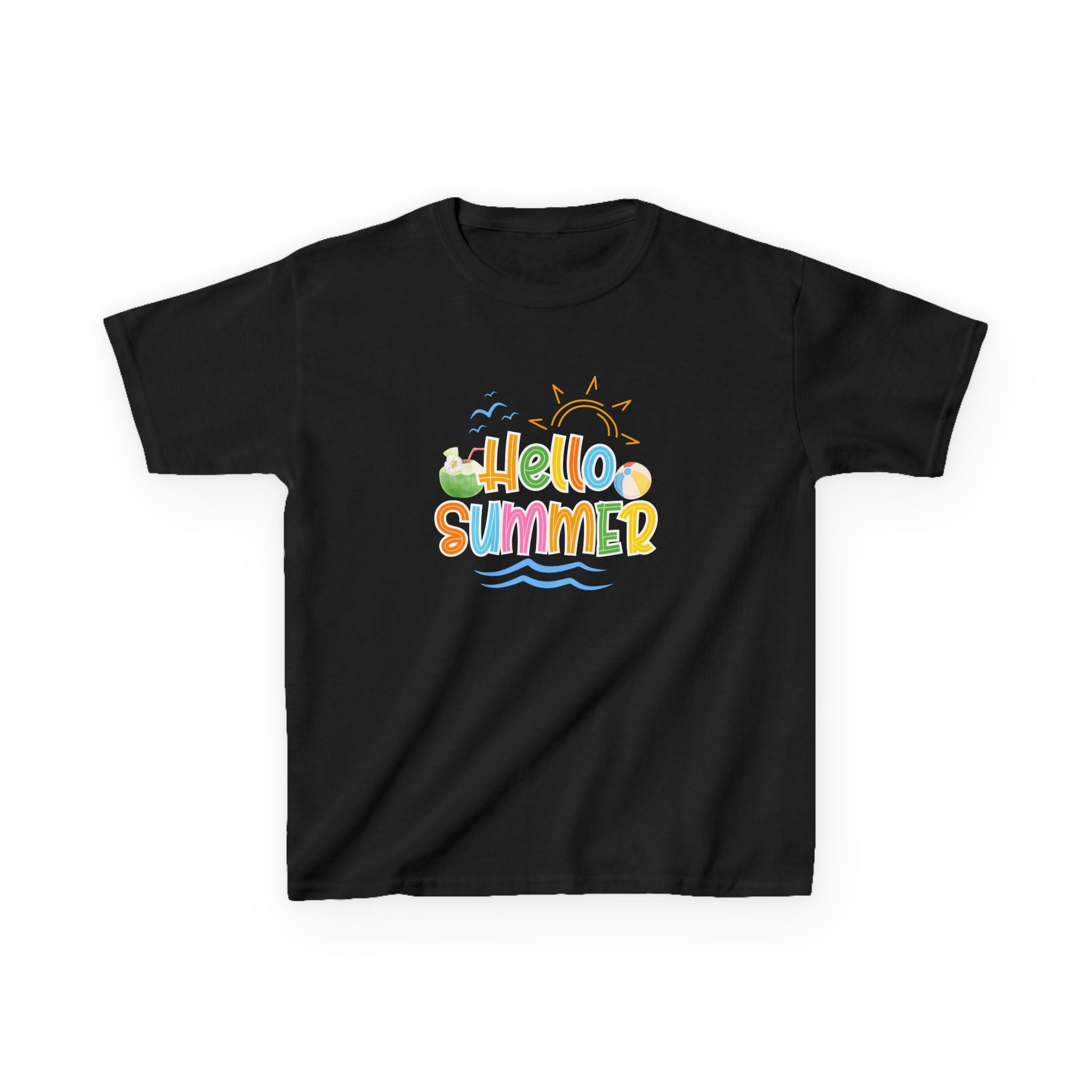 Hello Summer Kids T-Shirt | Colorful Beach Vibes Graphic Tee | Cute Summer Shirt for Boys & Girls | Beach Vacation Tee | Kids Summer Outfit