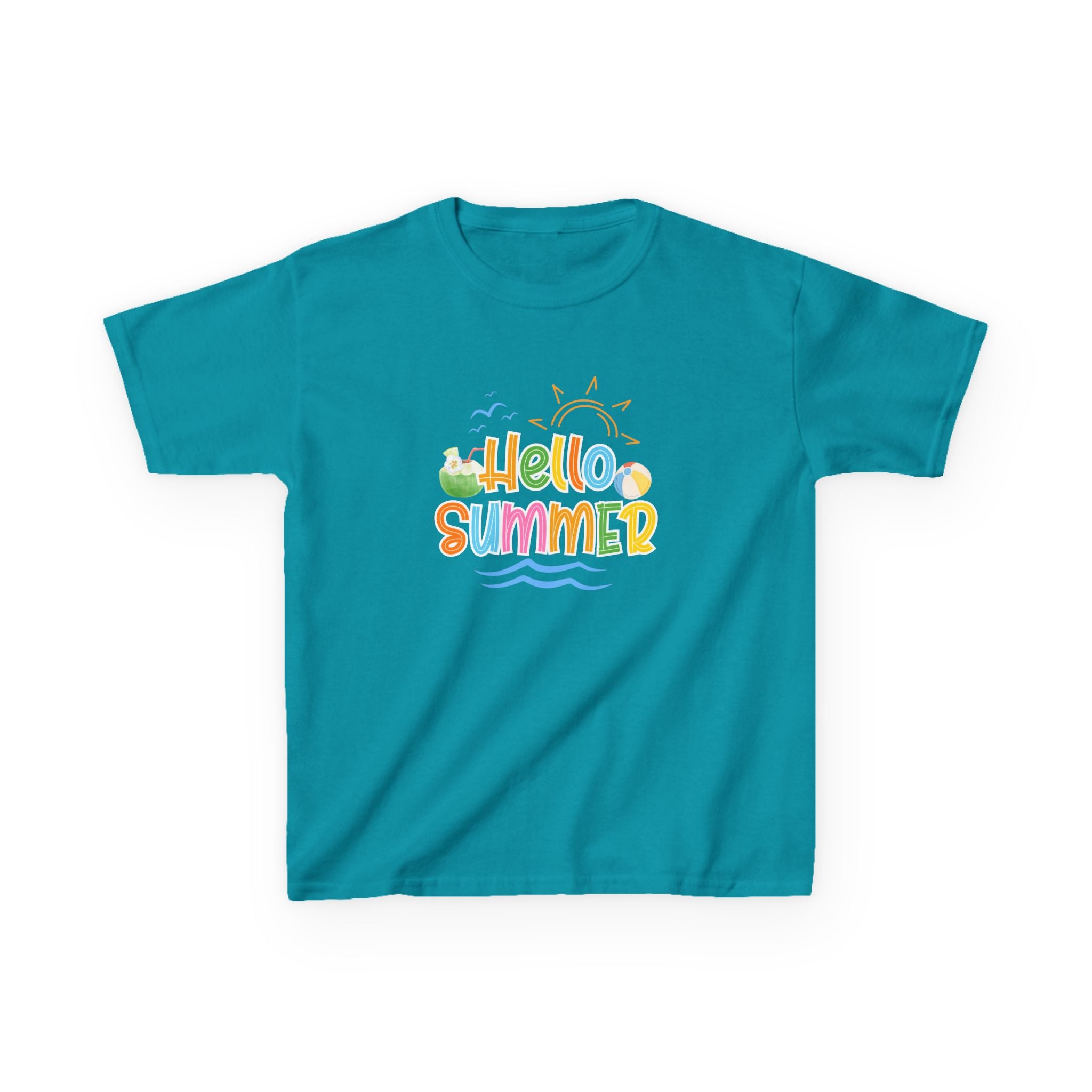 Hello Summer Kids T-Shirt | Colorful Beach Vibes Graphic Tee | Cute Summer Shirt for Boys & Girls | Beach Vacation Tee | Kids Summer Outfit