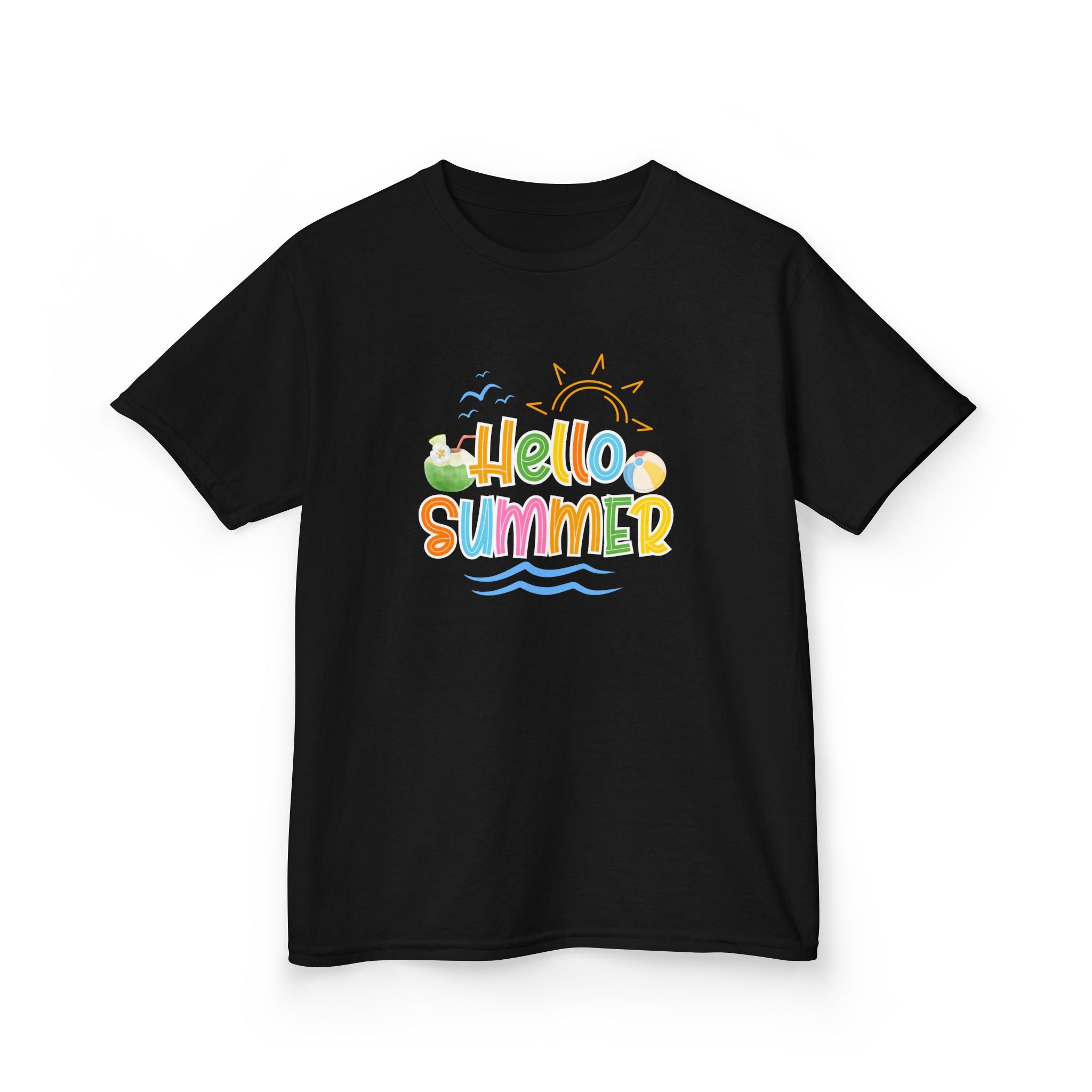 Hello Summer Kids T-Shirt | Colorful Beach Vibes Graphic Tee | Cute Summer Shirt for Boys & Girls | Beach Vacation Tee | Kids Summer Outfit