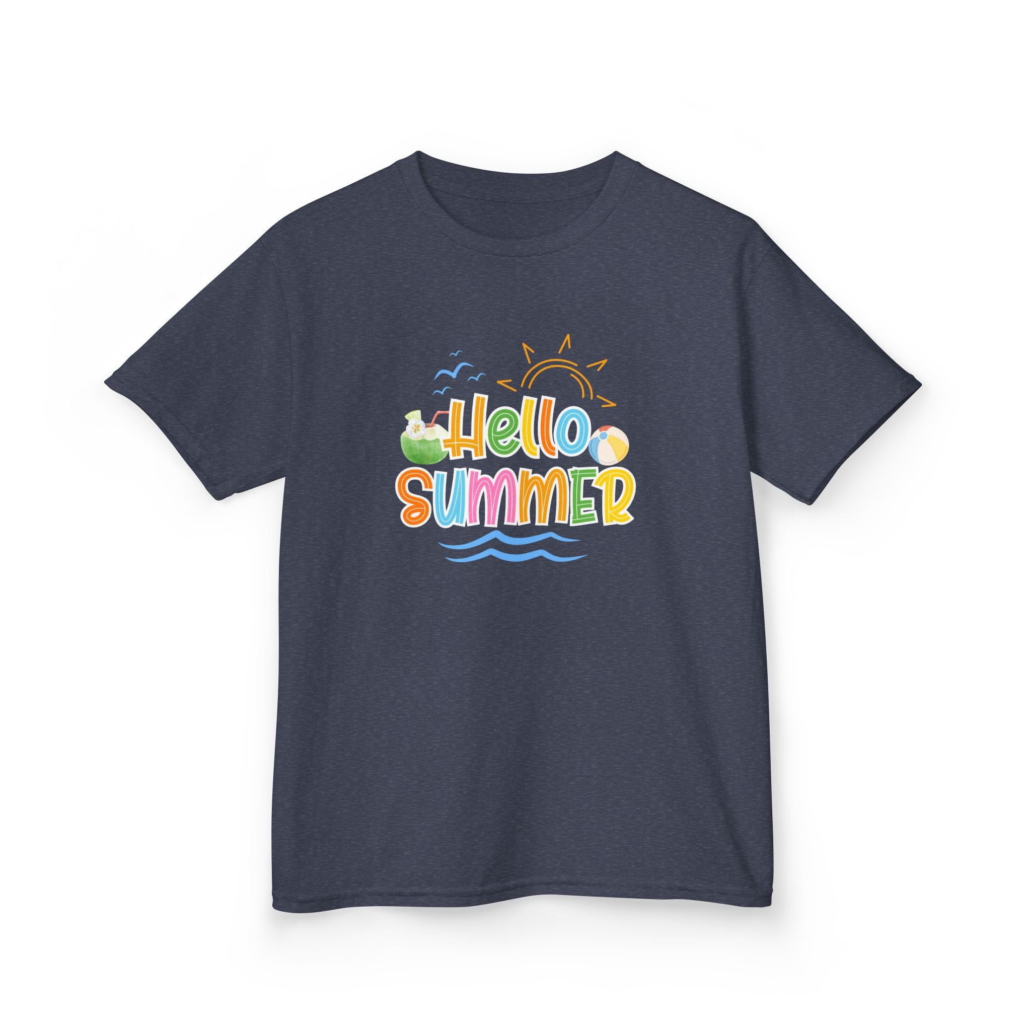 Hello Summer Kids T-Shirt | Colorful Beach Vibes Graphic Tee | Cute Summer Shirt for Boys & Girls | Beach Vacation Tee | Kids Summer Outfit