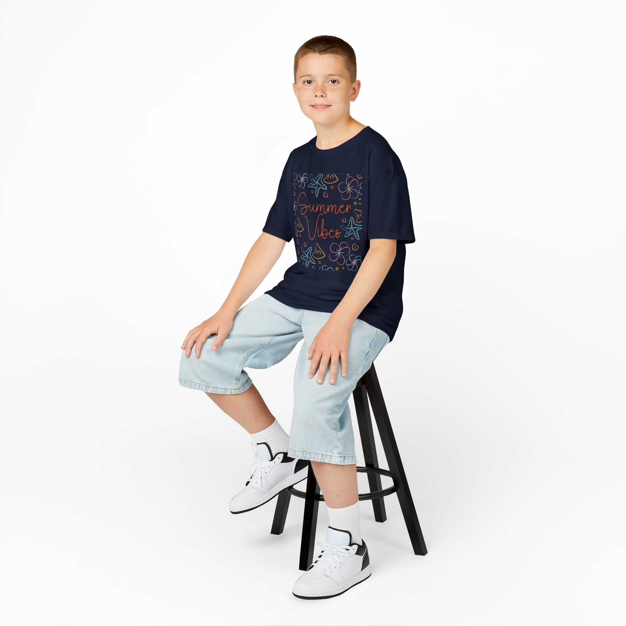 Summer Vibes Kids T-Shirt | Pastel Sea Creatures Graphic Tee | Cute Ocean Shirt for Boys & Girls | Beach Summer Tee | Kids Vacation Shirt